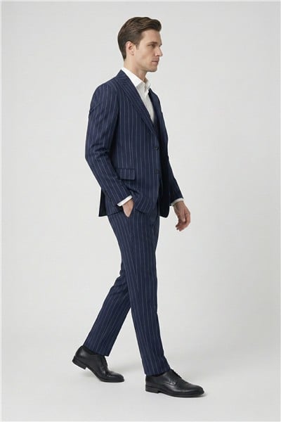 Giotelli Lacivert Slim Fit Çizgili Mono Yaka Yelekli 6 Drop Tam Astarlı Erkek Takım Elbise