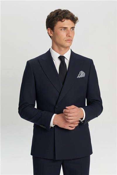 Giotelli Erkek Lacivert Dar Kesim Slim Fit Viskon Sivri Yaka Kruvaze 6 Drop Klasik Smokin & Damatlık