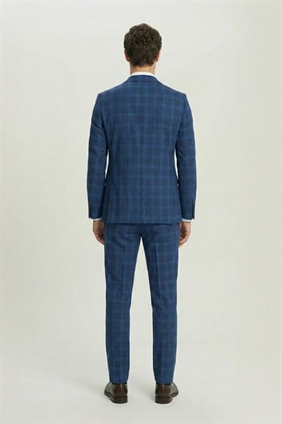 Giotelli Lacivert Slim Fit Mono Yaka Ekose Desenli Yelekli Takım Elbise