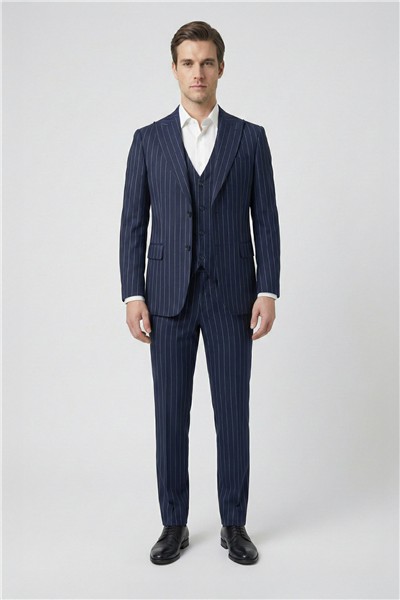 Giotelli Lacivert Slim Fit Çizgili Mono Yaka Yelekli 6 Drop Tam Astarlı Erkek Takım Elbise