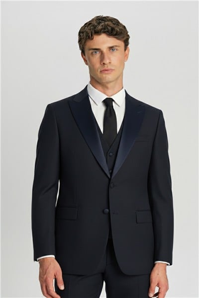 Giotelli Lacivert Slim Fit Sivri Yaka Yelekli 6 Drop Tam Astarlı Erkek Smokin Takım Elbise