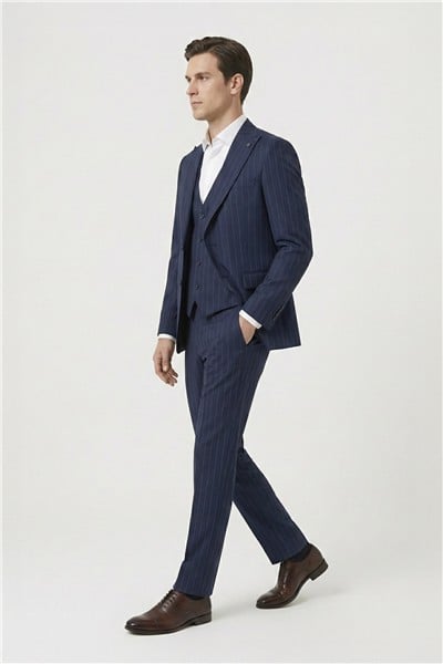Giotelli Lacivert Slim Fit Çizgili Mono Yaka Yelekli 6 Drop Tam Astarlı Erkek Takım Elbise