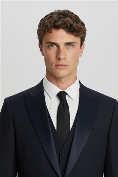 Giotelli Lacivert Slim Fit Sivri Yaka Yelekli 6 Drop Tam Astarlı Erkek Smokin Takım Elbise