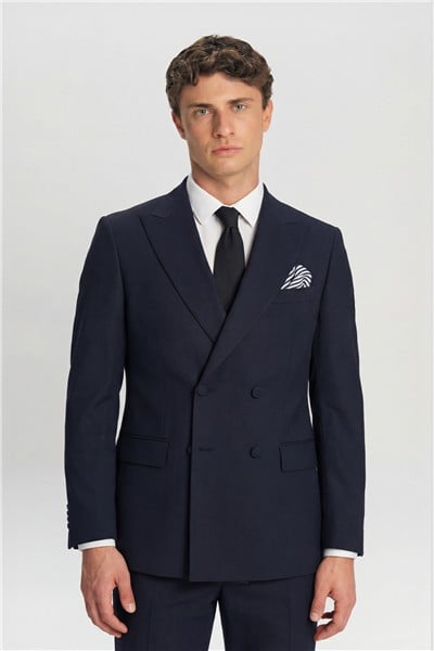 Giotelli Erkek Lacivert Dar Kesim Slim Fit Viskon Sivri Yaka Kruvaze 6 Drop Klasik Smokin & Damatlık