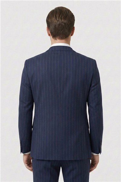 Giotelli Lacivert Slim Fit Çizgili Mono Yaka Yelekli 6 Drop Tam Astarlı Erkek Takım Elbise