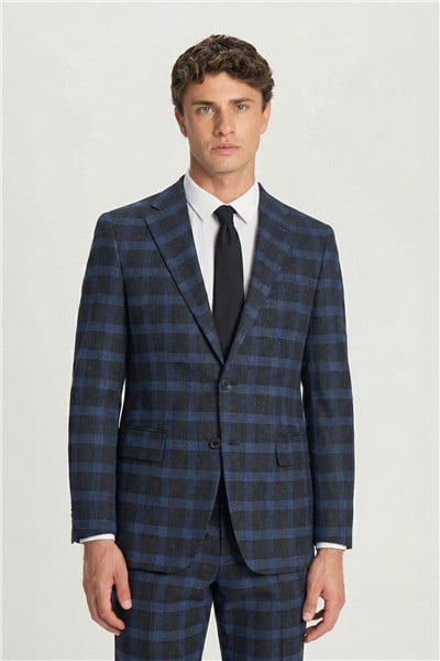 Giotelli Lacivert Slim Fit Mono Yaka Ekose Desenli Yelekli Takım Elbise