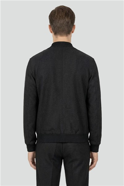 Giotelli Erkek Siyah Dar Kesim Slim Fit Armürlü Triko Yaka Fermuarlı Tam Astarlı Bomber Stil 6 Drop Takım Elbise