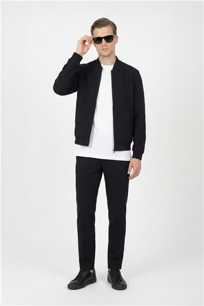 Giotelli Erkek Siyah Dar Kesim Slim Fit Armürlü Triko Yaka Fermuarlı Tam Astarlı Bomber Stil 6 Drop Takım Elbise