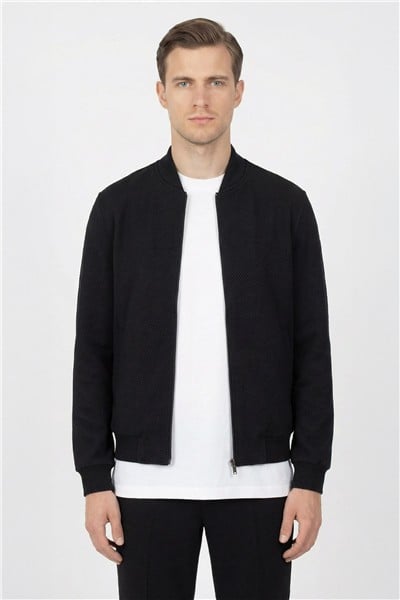 Giotelli Erkek Siyah Dar Kesim Slim Fit Armürlü Triko Yaka Fermuarlı Tam Astarlı Bomber Stil 6 Drop Takım Elbise