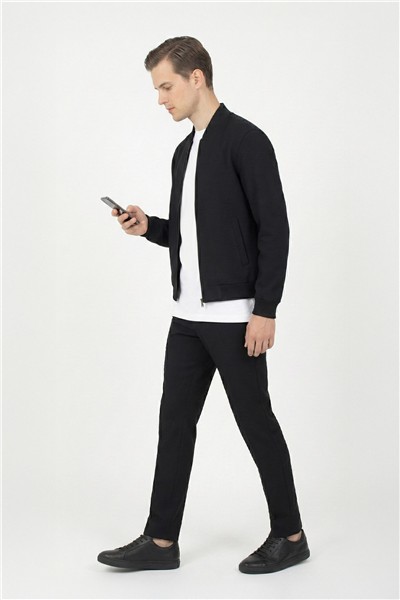 Giotelli Erkek Siyah Dar Kesim Slim Fit Armürlü Triko Yaka Fermuarlı Tam Astarlı Bomber Stil 6 Drop Takım Elbise