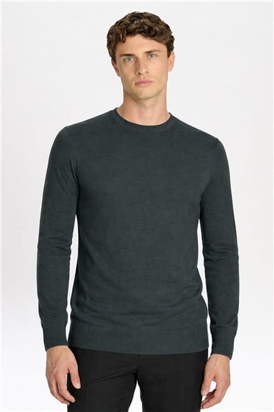 Giotelli Standart Fit Yeşil Melanj Yün Karışımlı Bisiklet Yaka Düz Desen Erkek Triko Kazak