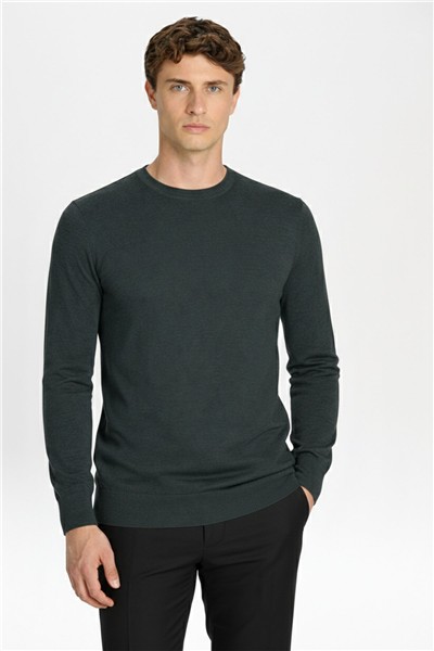 Giotelli Standart Fit Yeşil Melanj Yün Karışımlı Bisiklet Yaka Düz Desen Erkek Triko Kazak