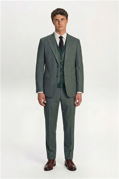 Giotelli Erkek Yeşil Dar Kesim Slim Fit Viskon Sivri Yaka Düğmeli Fleto Kapaklı Cep Çift Yırtmaçlı Tam Astarlı 6 Drop Triko Yelekli Takım Elbise