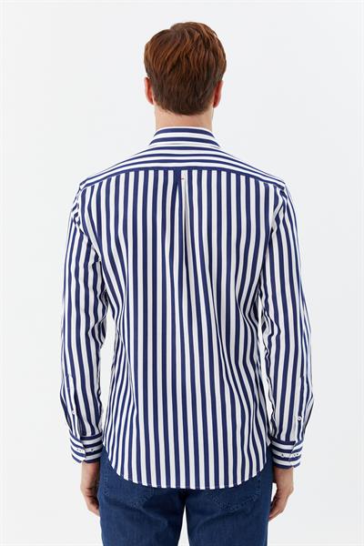 Erkek Lacivert Dar Kesim Slim Fit %100 Pamuk Dokuma Çizgili Düğmeli Yaka Gömlek 