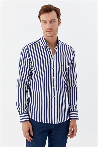 Erkek Lacivert Dar Kesim Slim Fit %100 Pamuk Dokuma Çizgili Düğmeli Yaka Gömlek 