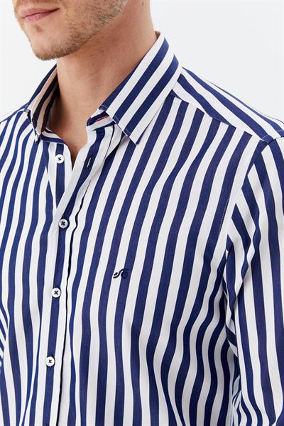 Erkek Lacivert Dar Kesim Slim Fit %100 Pamuk Dokuma Çizgili Düğmeli Yaka Gömlek 
