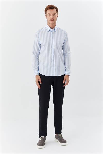 Erkek Mavi Dar Kesim Slim Fit %100 Pamuk Dokuma Çizgili Düğmeli Yaka Gömlek 
