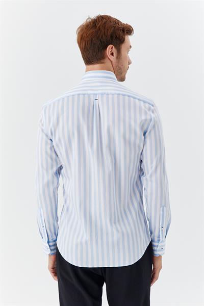 Erkek Mavi Dar Kesim Slim Fit %100 Pamuk Dokuma Çizgili Düğmeli Yaka Gömlek 
