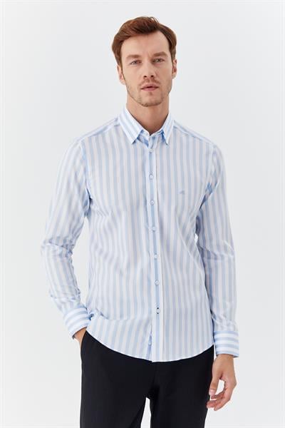 Erkek Mavi Dar Kesim Slim Fit %100 Pamuk Dokuma Çizgili Düğmeli Yaka Gömlek 