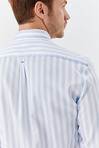 Erkek Mavi Dar Kesim Slim Fit %100 Pamuk Dokuma Çizgili Düğmeli Yaka Gömlek 