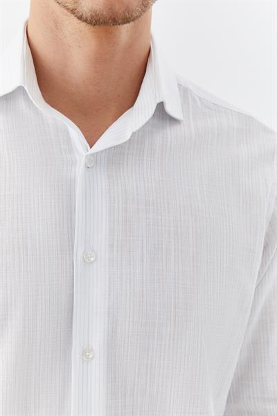 Erkek Mavi Çizgili Poligotlu Yaka Regular Fit Gömlek