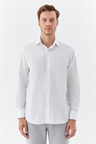 Erkek Mavi Çizgili Poligotlu Yaka Regular Fit Gömlek