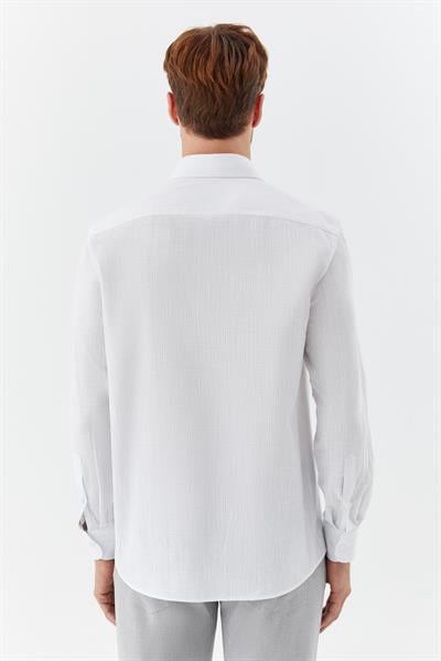 Erkek Mavi Çizgili Poligotlu Yaka Regular Fit Gömlek