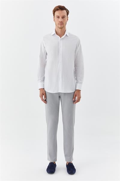 Erkek Mavi Çizgili Poligotlu Yaka Regular Fit Gömlek