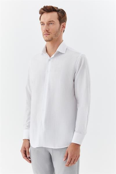 Erkek Mavi Çizgili Poligotlu Yaka Regular Fit Gömlek