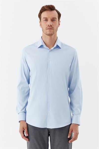 Erkek Açık Mavi Çizgili Poligotlu Yaka Slim Fit Gömlek