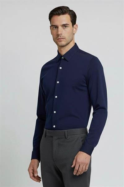 Giotelli Erkek Lacivert Dar Kesim Slim Fit %100 Pamuk Örme Uzun Kollu Klasik Yaka Gömlek