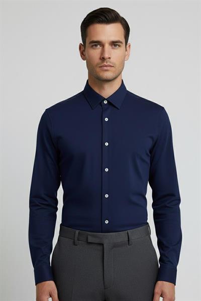 Giotelli Erkek Lacivert Dar Kesim Slim Fit %100 Pamuk Örme Uzun Kollu Klasik Yaka Gömlek