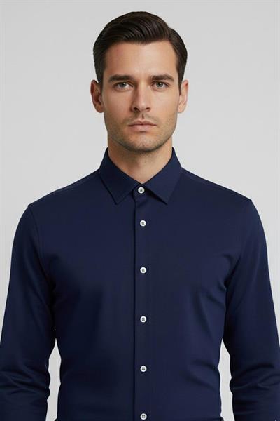Giotelli Erkek Lacivert Dar Kesim Slim Fit %100 Pamuk Örme Uzun Kollu Klasik Yaka Gömlek
