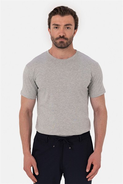 Gri %100 Pamuk Bisiklet Yaka Düz Renk Basic T-Shirt