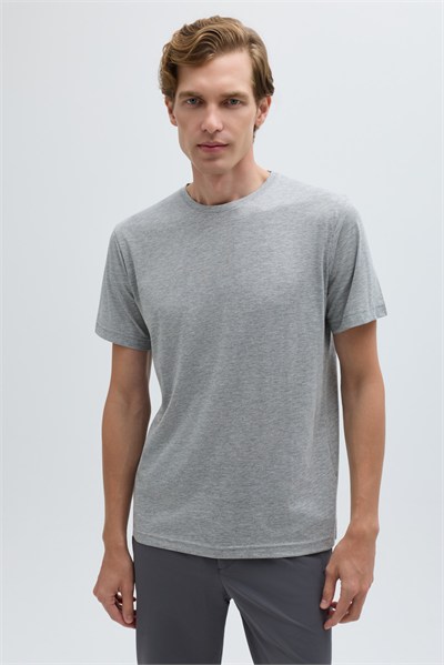 Gri %100 Pamuk Bisiklet Yaka Düz Renk Basic T-Shirt