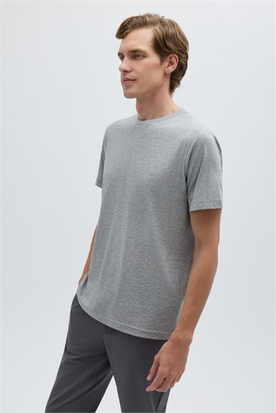 Gri %100 Pamuk Bisiklet Yaka Düz Renk Basic T-Shirt