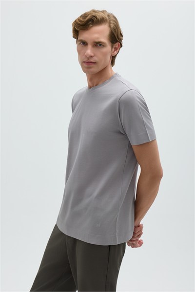 Gri %100 Pamuk Regular Fit Dokuma Bisiklet Yaka Basic T-Shirt