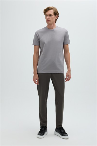 Gri %100 Pamuk Regular Fit Dokuma Bisiklet Yaka Basic T-Shirt