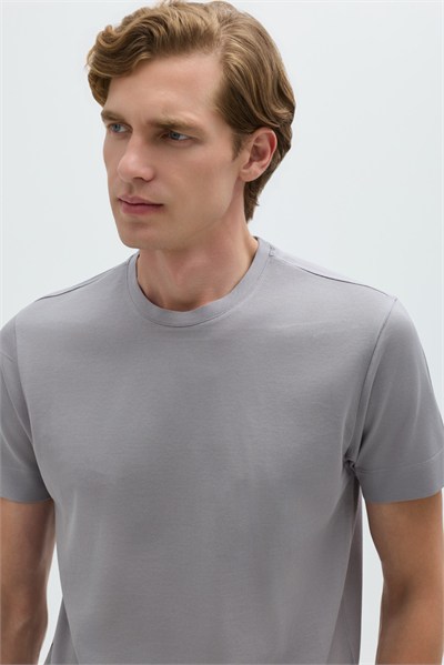 Gri %100 Pamuk Regular Fit Dokuma Bisiklet Yaka Basic T-Shirt