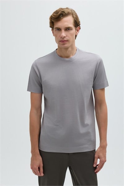 Gri %100 Pamuk Regular Fit Dokuma Bisiklet Yaka Basic T-Shirt
