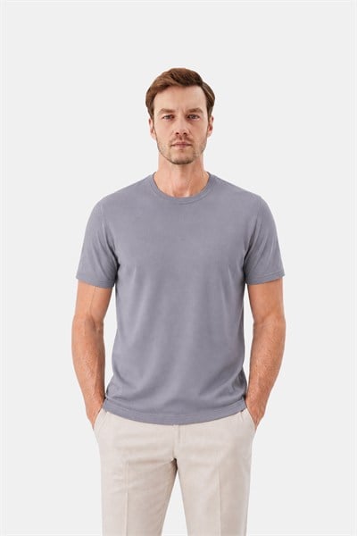 Gri %100 Pamuk Regular Fit Dokuma Bisiklet Yaka Basic T-Shirt