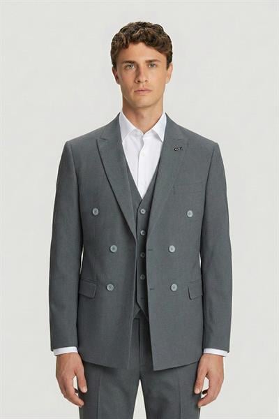 Giotelli Erkek Koyu Gri Comfort Fit Düz Kruvaze Yaka 6 Drop Dokuma Fleto Kapaklı Cep Klasik Paça Tam Astarlı Çift Yırtmaç Takım Elbise