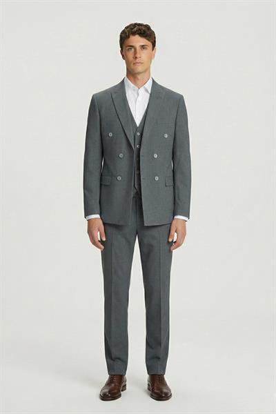 Giotelli Erkek Koyu Gri Comfort Fit Düz Kruvaze Yaka 6 Drop Dokuma Fleto Kapaklı Cep Klasik Paça Tam Astarlı Çift Yırtmaç Takım Elbise