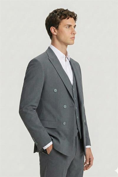 Giotelli Erkek Koyu Gri Comfort Fit Düz Kruvaze Yaka 6 Drop Dokuma Fleto Kapaklı Cep Klasik Paça Tam Astarlı Çift Yırtmaç Takım Elbise