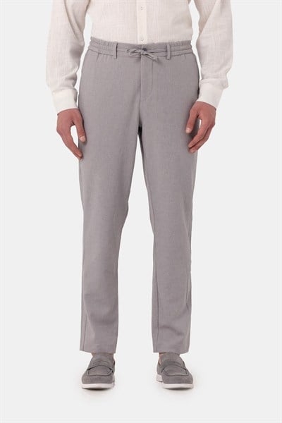Gri Keten Görünümlü Arka Lastikli Köprü Kemerli Bağcıklı Regular Fit Jogger Pantolon