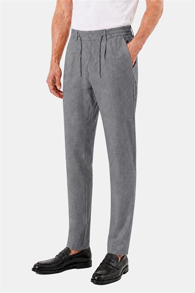 Gri Keten Görünümlü Arka Lastikli Köprü Kemerli Bağcıklı Regular Fit Jogger Pantolon
