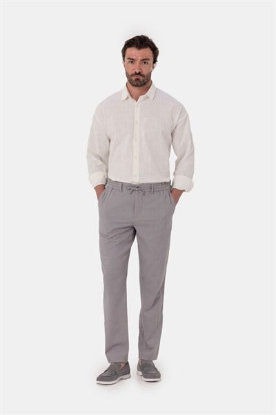 Gri Keten Görünümlü Arka Lastikli Köprü Kemerli Bağcıklı Regular Fit Jogger Pantolon