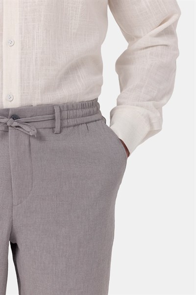 Gri Keten Görünümlü Arka Lastikli Köprü Kemerli Bağcıklı Regular Fit Jogger Pantolon