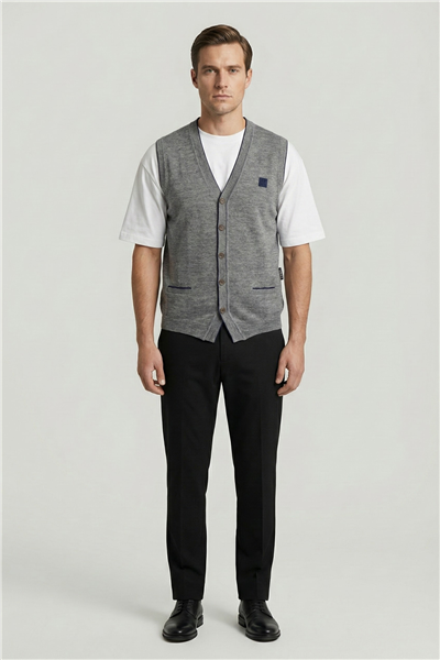 Giotelli Erkek Gri-Lacivert Normal Kesim Regular Fit Yünlü Dokuma Düğmeli Triko V Yaka Süveter