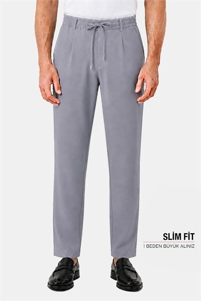 Gri Dokulu Arka Lastikli Köprü Kemerli Bağcıklı Slim Fit Jogger Pantolon